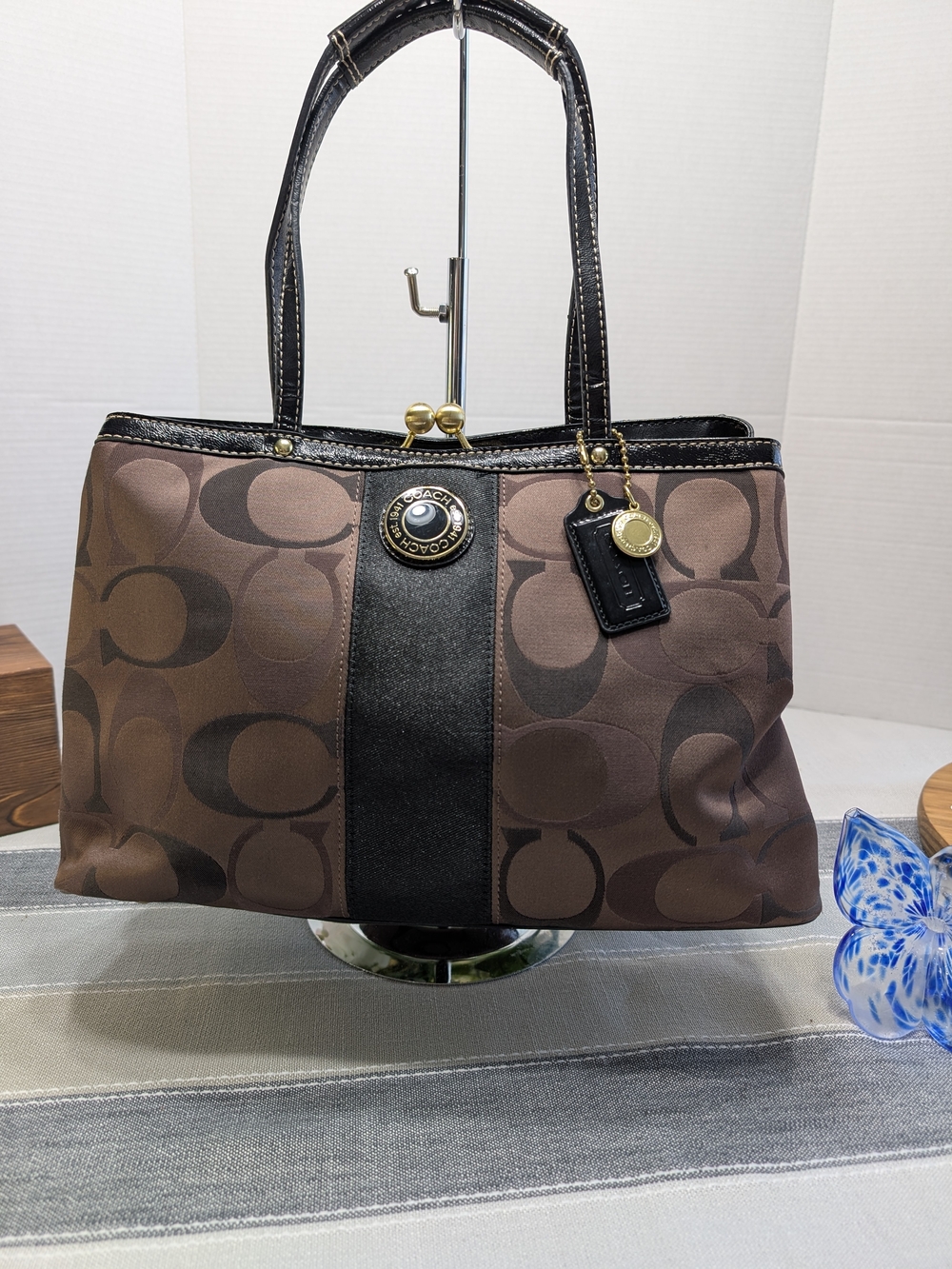 Coach Brown Signature Canvas Tote with Black Center Panel